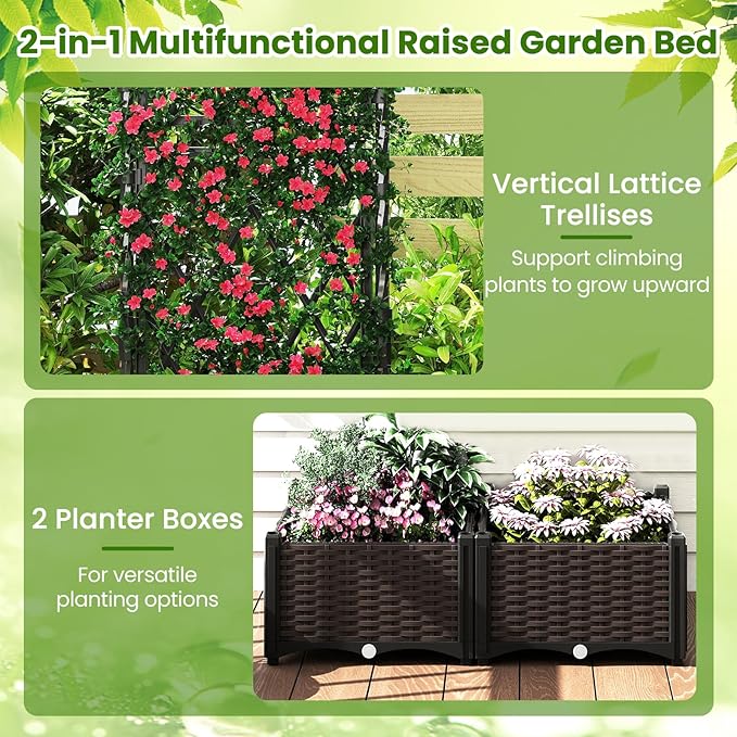 Giantex Raised Garden Bed with Lattice Trellis Self-Watering Planter Box with Drain Hole for Vine Vegetable Herb Flower Fruit Indoor Outdoor Standing Privacy Fence for Yard Porch Balcony