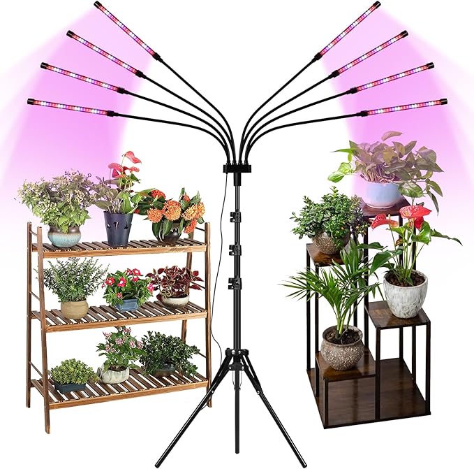 Grow Lights for Indoor Plants 8 Heads Full Spectrum Plant Lights for Indoor Growing with Tripod Stand Auto On/Off Timing 4/8/12H LED Grow Lights for Indoor Plants. (8 Arms Mix Spectrum)
