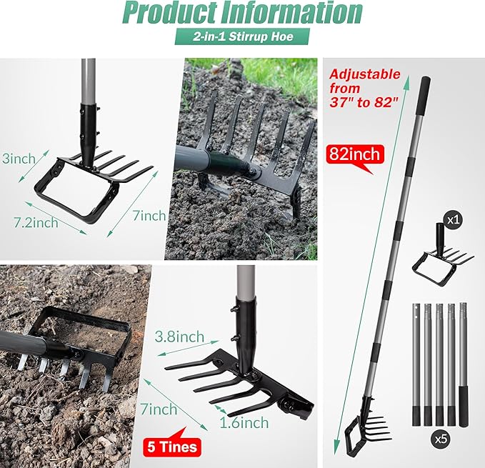 Suchtale 82 Inch Stirrup Hoe and 5-Tines Rake Action Hoe for Weeding 2 in 1 Scuffle Hoe with 37-82 Adjustable Handle Cultivator for Loosening Soil Loop Hoe for Garden Weeding and Planting