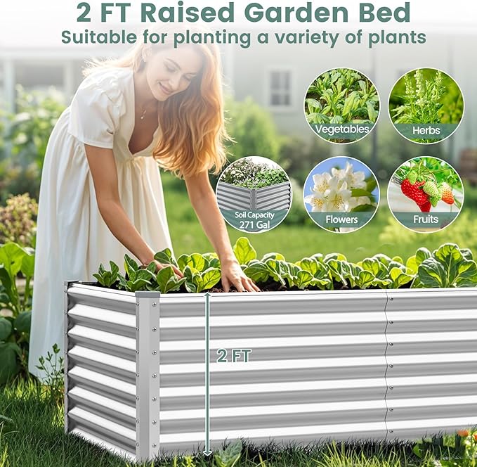 Rectangular Raised Garden Bed Galvanized Garden Planter with Open Bottom Sprayed Plate &amp Corner Protectors Outdoor Metal Planter Box for Vegetables Flowers &amp Herbs (Sliver)