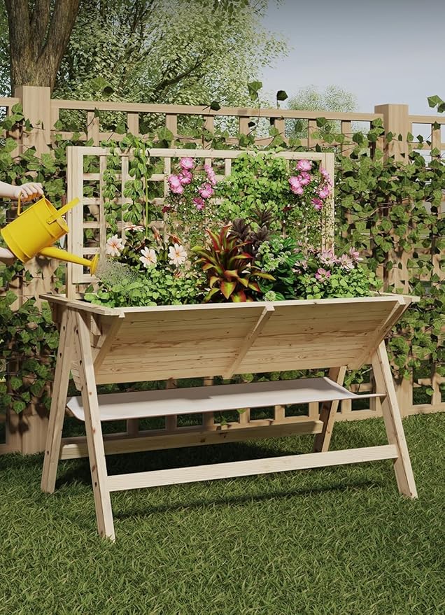 Raised Garden Bed with Legs - 52x30x54in Wooden Elevated Raised Garden Beds Raised Planter Box with Vine Climbing Outdoor Standing Growing Bed for Growing Vegetables Flowers Herbs
