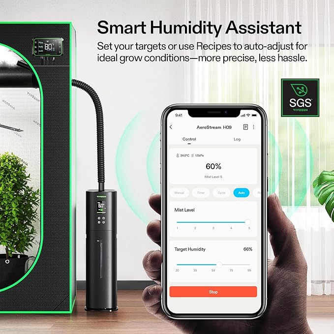 VIVOSUN AeroStream H09 Intelligent Wi-Fi Humidifier 2.38 Gal / 9 L Humidifier with Temp &amp Humidity Probe Smart Remote Control Designed for Growers (Pack of 2)