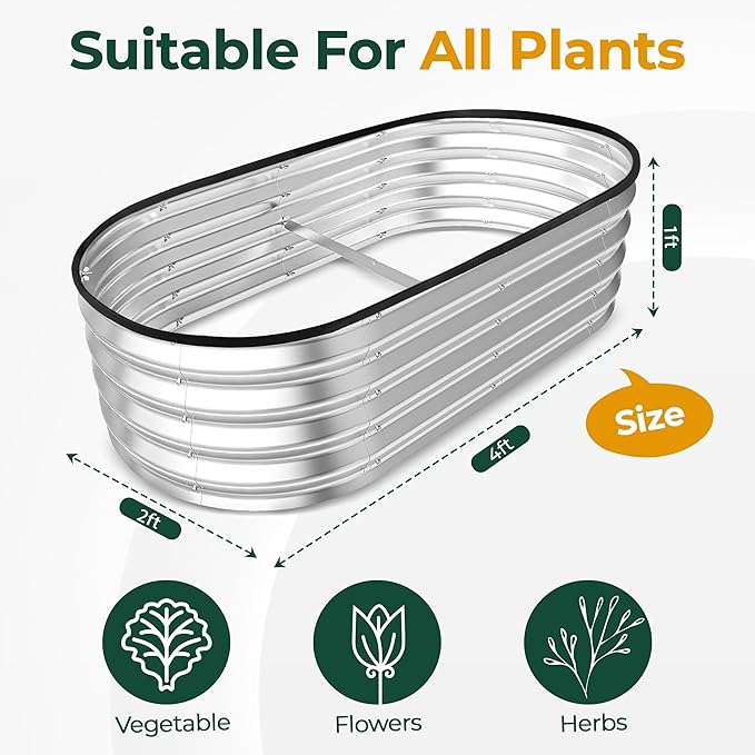Utopia Home Galvanized Raised Garden Bed Kit 4x2x1ft Planter Box Raised Garden Beds Outdoor Easy Assembly Metal Raised Bed for Gardening Vegetables Fruits Flowers - Pack of 01 - Silver