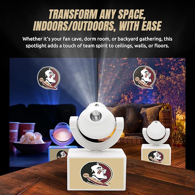 Sporticulture NCAA American Football Florida State - Adjustable Led Mini Spotlight Projector with 6 Team Logo Designs - Portable &amp Rechargeable Spotlight - Battery-Operated - 4.375” x 3.125”
