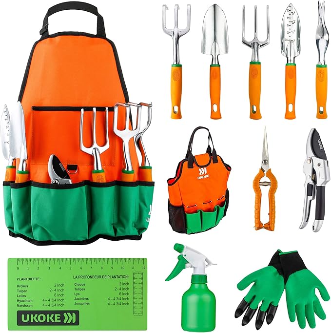 UKOKE Garden Tool Set 12 Piece Aluminum Hand Tool Kit Garden Canvas Apron with Storage Pocket Outdoor Tool Heavy Duty Gardening Work Set with Ergonomic Handle Gardening Tools for women men