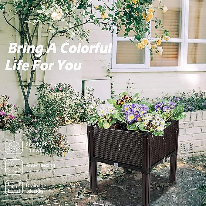 Plastic Elevated Planters for Raised Garden Bed with Legs for Outdoor Plants Box Kits with Drainage Holes for Patio Deck Balcony to Planting FlowersVegetablesTomato and Herbs