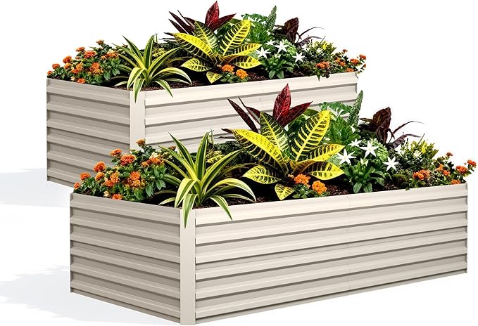 OUTLANE 2 Pack 6x3x2 ft Galvanized Raised Garden BedOutdoor Planter Box Metal Patio Kit Planting BedRust-Resistant Raised Garden Beds for Vegetables Flowers and SucculentsBeige