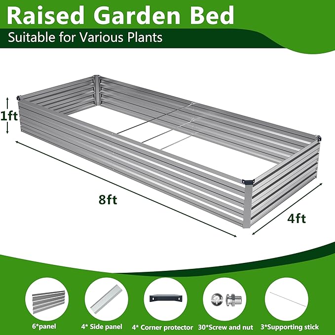 2PCS 8x4x1ft Galvanized Raised Garden Bed Kit Galvanized Planter Raised Garden Boxes Outdoor Large Metal Raised Garden Beds for VegetablesSilver