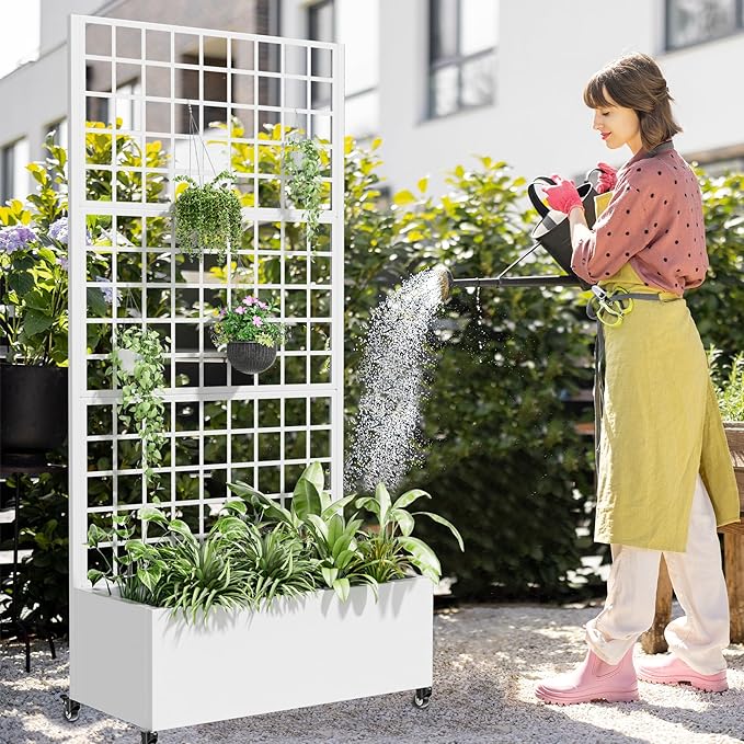 Casaphoria Metal Raised Garden Bed with Trellis and Wheels 72x35x16 Planter Box for Climbing Plants Vegetables &amp Vines Features Drainage Holes and Privacy Screen (White-Grid)