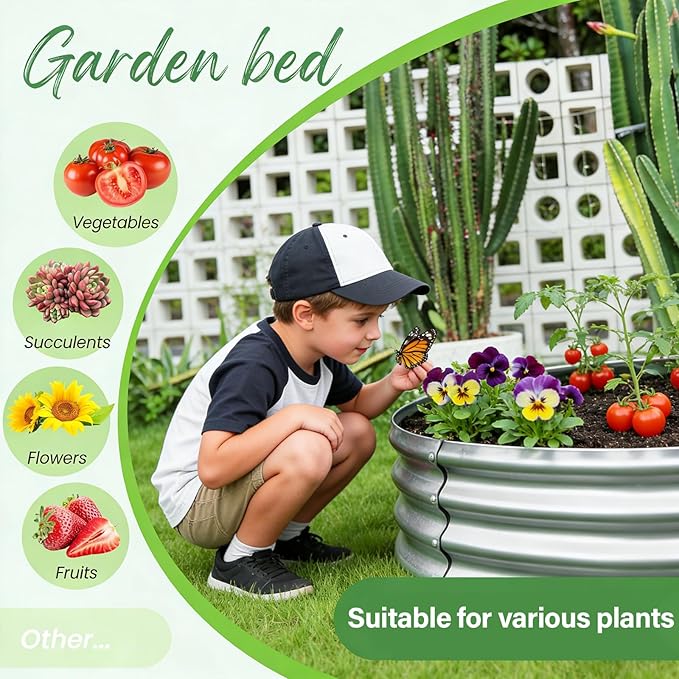 Round Galvanized Raised Garden Bed Kit Round Galvanized Planter for Vegetables/Herbs/Flowers Heavy-Duty Steel Outdoor Water Trough (Silver 4X4X1FT)