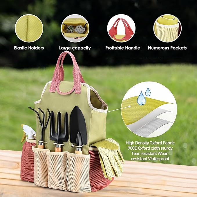 APSARAS USA Gardening Tools Garden Tool Set 10 Pieces Heavy Duty Sturdy Steel Gardening Tool Set with 600D Oxford Cloth Storage Tote Bag Durable Supplies Kit Perfect Garden Gifts for Father