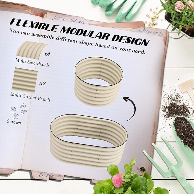 3.5' x 2' x 1.4' Galvanized Raised Garden Bed Kit Outdoor Metal Elevated Planter Box with Safety Edging Easy DIY Stock Tank for Growing Flowers Herbs Vegetables Cream