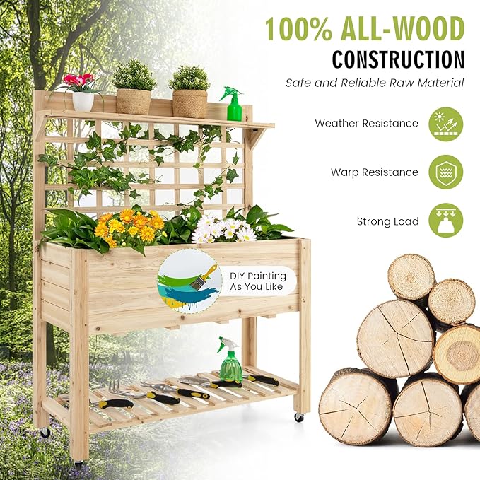 S AFSTAR Raised Garden Bed with Trellis 41.5x16x54in Mobile Elevated Planter Box with Wheels Bed Liner Top/Bottom Storage Shelves Freestanding Wood Planter Stand for Garden Patio Balcony