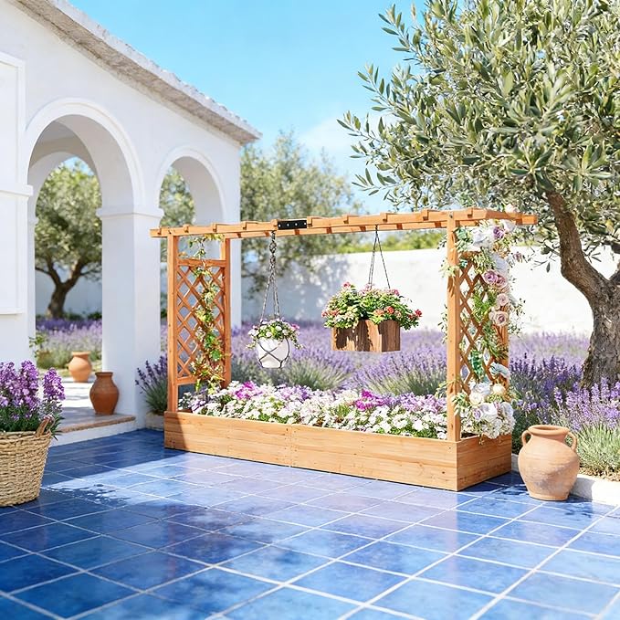Decorative Wooden Planter Box with Trellis - A Raised Garden Bed That Enhances Patio Deck or Backyard Decor Grows Roses Ivy or Cucumbers in Style