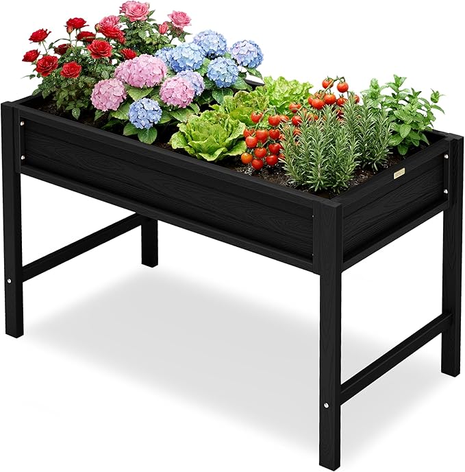 YEFU HIPS Raised Garden Bed: 48x24x30in Black Raised Garden Beds Outdoor with Drainage &amp Legs - Planter Boxes Outdoor for Herb Vegetable Plant Gardening on Patio Deck for Suburban Homeowners
