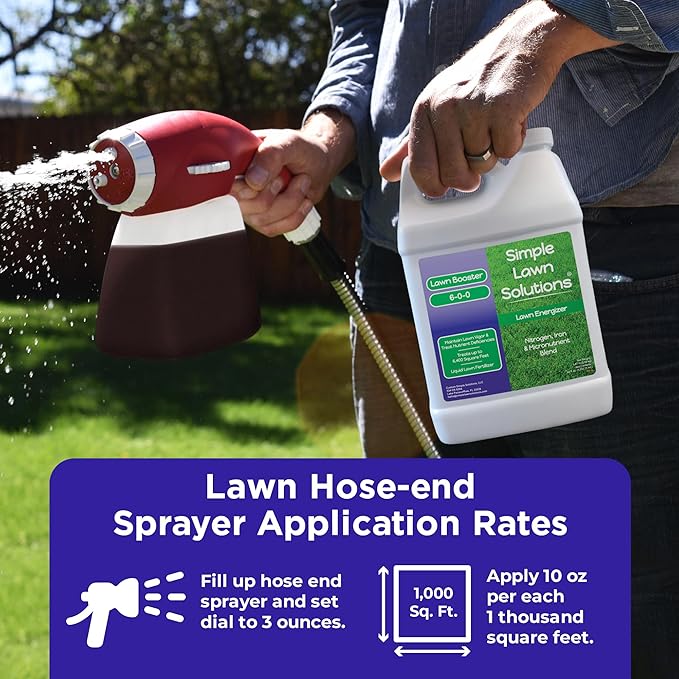 Commercial Grade Lawn Fertilizer with Iron- Liquid Fertilizer Spray- Nitrogen and Iron for Deeper Green Turf- Any Grass Type - Simple Lawn Solutions - Lawn Energizer (64 Ounce)