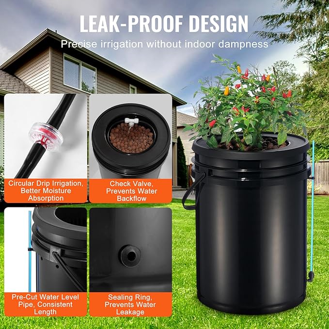 Happybuy RDWC Hydroponics Grow System Recirculating Deep Water Culture Kit 4 Buckets &amp 1 Reservoir with Top Drip Air Pump Water Level Device for Leafy Vegetables