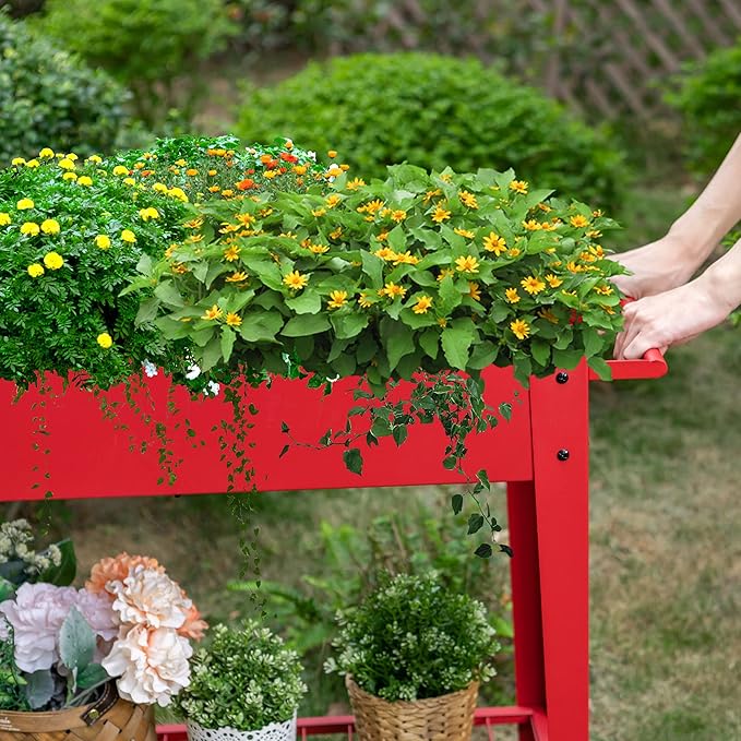 Sophia &amp William Planter Raised Beds with Legs and Wheels Outdoor Metal Planter Box Elevated Garden Bed with Lower Shelf for Vegetables Flower Herb Red