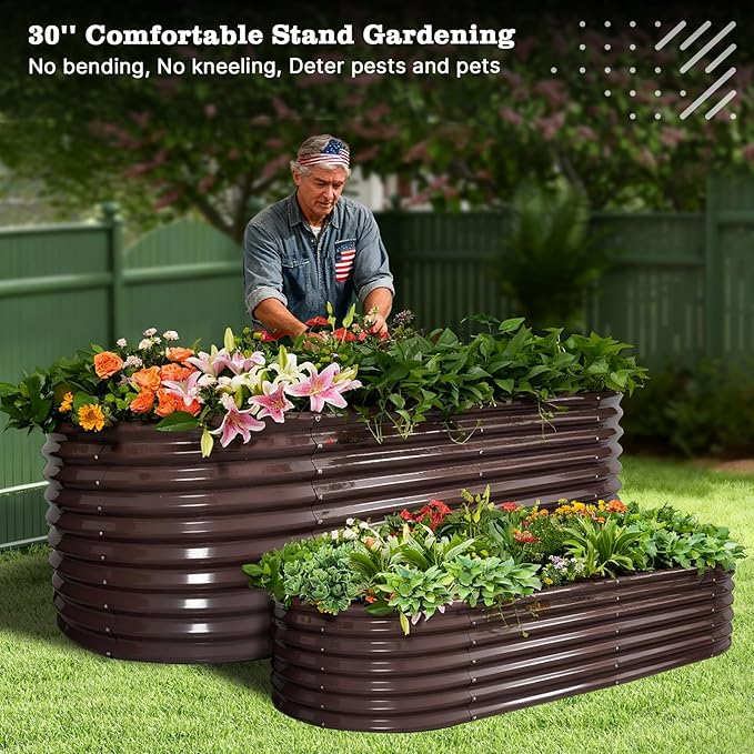 A ANLEOLIFE 30 Extra Tall Galvanized Raised Garden Beds Outdoor 8x4x2.5ft Oval Metal Planter Boxes for Planting Vegetables Flowers Fruits Eco-Safe &amp Easy Setup CaféBronze