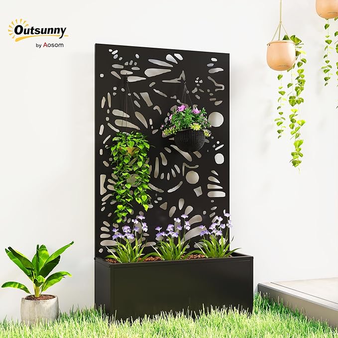 Outsunny Metal Raised Garden Bed with Trellis for Climbing Plants Freestanding or Wall Mounted Flower Bed with Privacy Panel Butterfly Cut-Out Outdoor Planter Box for Garden Patio Balcony