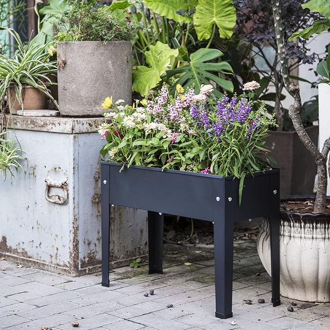 Piksedo Raised Garden Bed Elevated Planter Metal Plant Box with Legs Standing Garden Stand Drainage Holes Frosted Black
