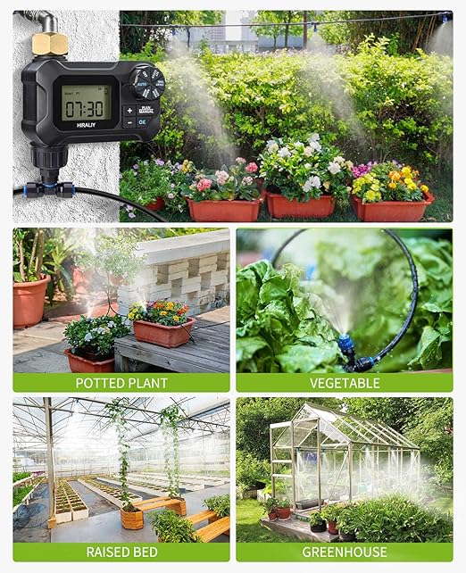 HIRALIY 59FT Greenhouse Misting Drip Irrigation Kit with Water Timer Quick Connector Design Garden Watering System Automatic Irrigation System with Tubing Nozzles for Hanging Plants Raised Bed