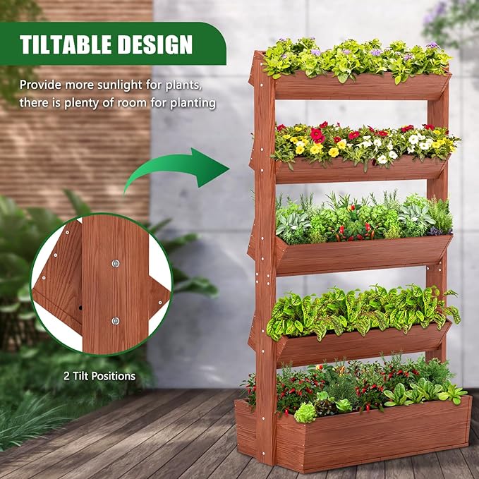 Wooden Vertical Raised Garden Bed 5 Tier Garden Planters Raised Beds Freestanding Plant Stand Flower Rack Wooden Planter Box for Plants Herbs Flowers Vegetables Outdoor Indoor Gardening