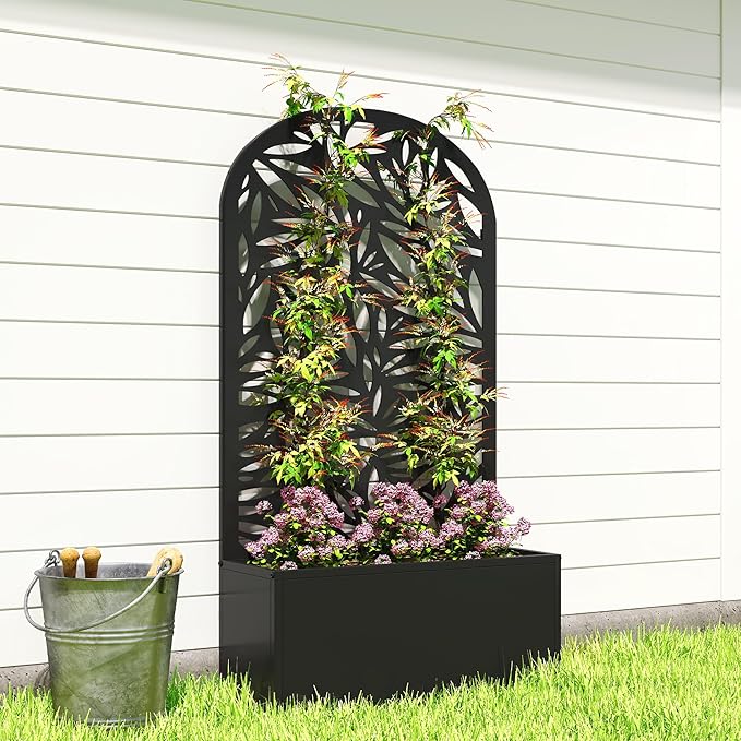 Outsunny Metal Raised Garden Bed with Trellis for Climbing Plants Freestanding or Wall Mounted Flower Bed with Cueved Privacy Panel Leaves Cut-Out Outdoor Planter Box for Garden Patio Balcony