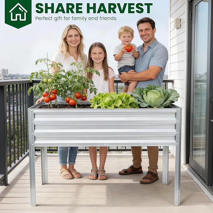 1MORE Elevated Raised Garden Bed with Legs 48×24×32in Large Metal Raised Bed for Backyard Patio Balcony. Raised Planter Box with Drainage Holes for Plants Vegetables Flowers Fruits(Sliver-2pcs)