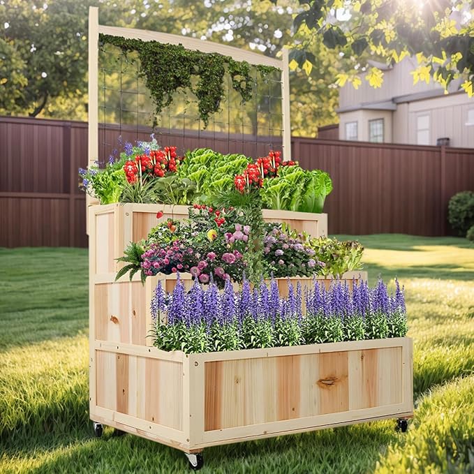 Raised Garden Bed with Legs Wooden Standing Planter Box with 8 Grids Divider &amp Protective Liner Patio Raised Planter Box for Vegetables Flowers Herbs (Natural Light Wood 31.50 Inch)