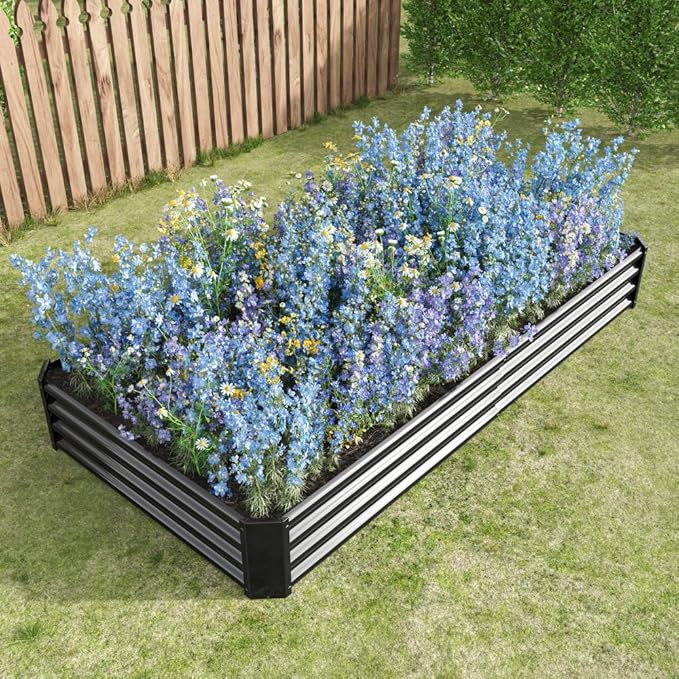Heavy-Duty Galvanized Steel Raised Garden Bed for Outdoor Vegetable Herb and Flower Planting – Rust-Resistant &amp Durable (Black with 8x4x1ft)