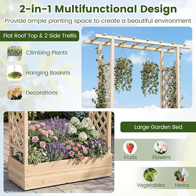 S AFSTAR Raised Garden Bed with Trellis 2 Pieces Fir Wood Planter Box with Flat Roof &amp Drainage Holes Vertical Planter Raised Bed for Climbing Plants Flowers &amp Vegetables 43 x 14 x 89 (