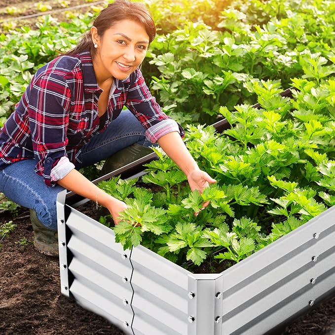 Highpro Galvanized Raised Garden Bed Kit 4×2×1ft Planter Box for Outdoor Gardening and Planting Large Bottomless Metal for Vegetables Herb Fruits Flower Silver