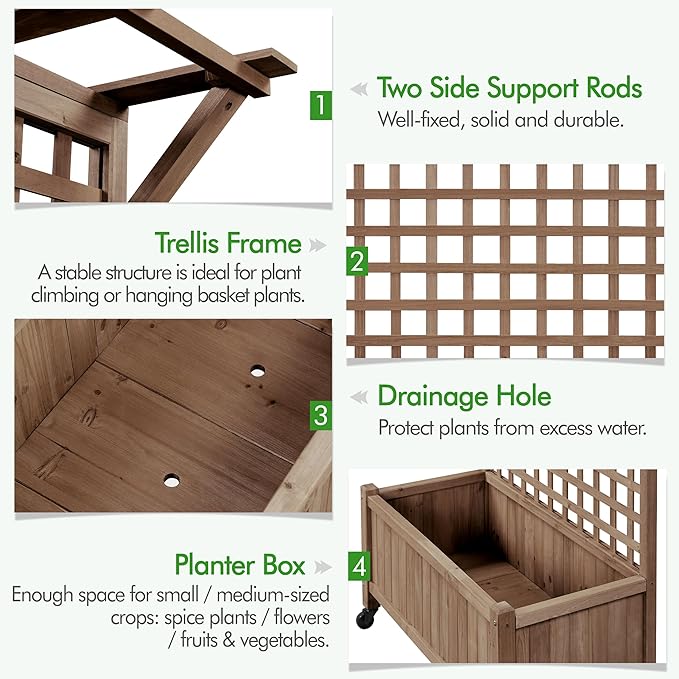 Yaheetech 72 H Garden Planter with Trellis for Vine Climbing Horticultural Plants Outdoor Raised Box with Drainage Holes Raised Garden Bed for Flowers Dark Brown 2pcs