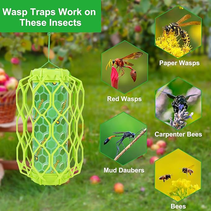4 Pack Upgraded Wasp Trap Outdoor Hanging Carpenter Bee and Hornet Catcher Reusable Yellow Jacket Trap with Bait Reservoir Bee Killer and Wasp Catcher for Outside (Green)