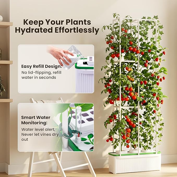 BAOSHISHAN Hydroponics Growing System with Trellis 60 Height Adjust Indoor Gardening System Pollinator&ampVine Securing Clip Hydroponic Tower for Tomato Pepper Cucumber Vines Plant
