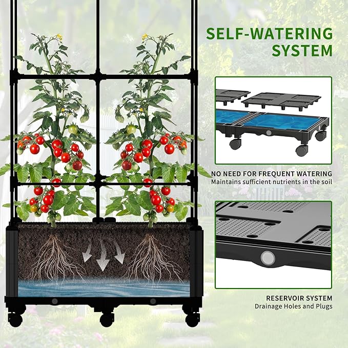 Raised Garden Bed Outdoor Planter Box with Trellis and Wheels Tomato Planter Cage with Trellis Indoor Outdoor Patio Self Watering Planters for Climbing Plants Vegetable Flowers