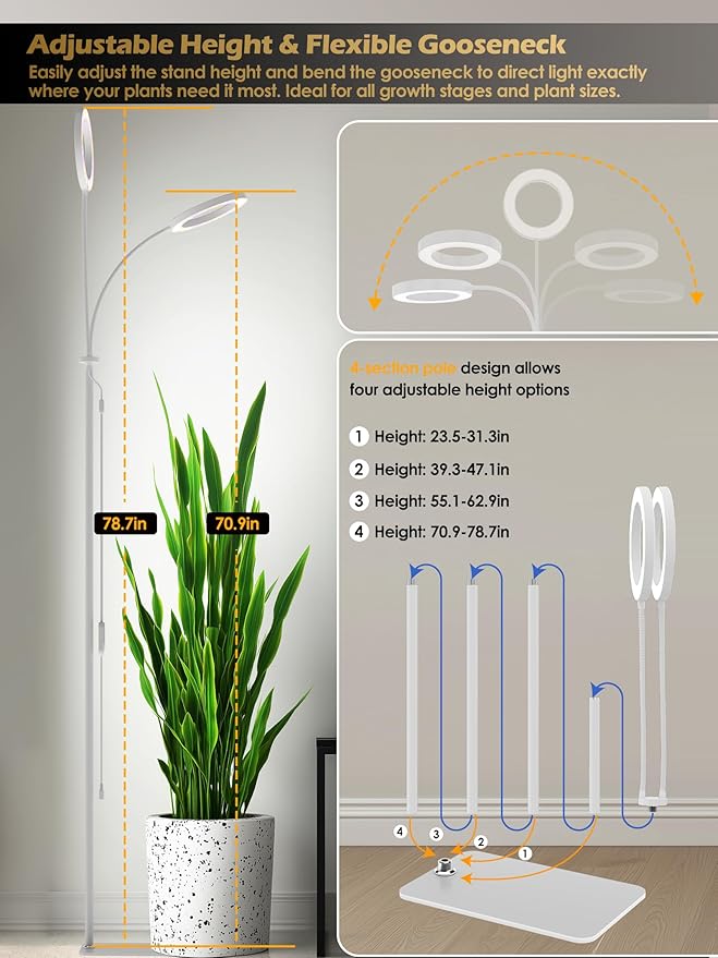 GLOWRIUM Grow Lights for Indoor Plants Full Spectrum LED Grow Light Stepless Dimming3 Lighting Mode and Adjustable Height Plant Light with 3/9/12/16H Timer (White 48W)
