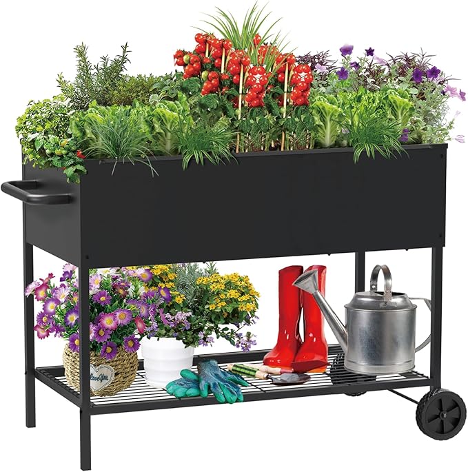 34 × 15 × 31 Inches Raised Garden Bed with Legs/Storage Shelf Mobile Planter Box for Outdoor Plants Elevated Garden Bed for Backyard Balcony Black