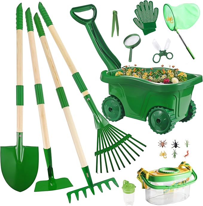 Duckura Kids Gardening Tools Bug Catcher Kit Outdoor Toys with Wheelbarrow Set and Shovel Rake Bug Catcher Kit Summer Yard Digging Weed Birthday Gifts Toys Easter for Boys Girls Age 2 3+
