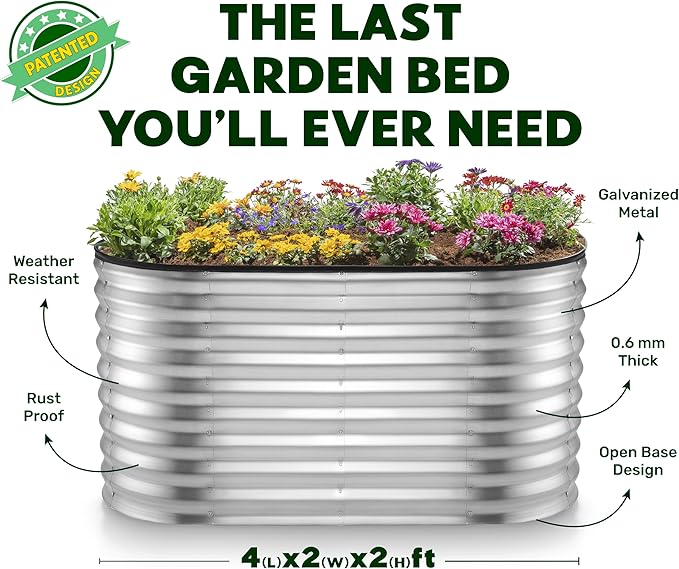 Plant &amp Plot Galvanized Raised Garden Beds Outdoor // 4×2×2 ft Planter Raised Beds for Gardening Vegetables Flowers // Large Metal Garden Box (Silver) // Patented Tool-Free Design