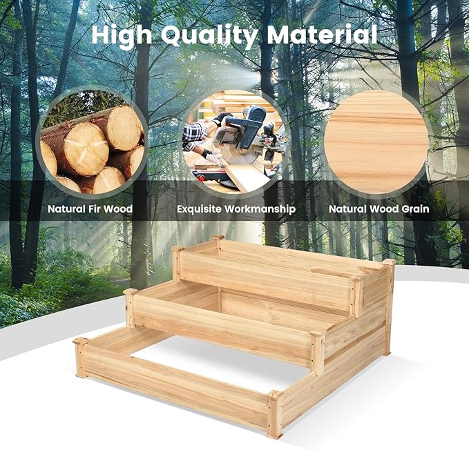 COSTWAY 3-Tier Raised Garden Bed Wooden Elevated Planter Box for Vegetables Flowers Herbs Fruits Outdoor Growing Planter Box Stand for Garden Backyard Patio Balcony