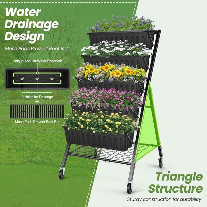 SEJOV 5-Tier Raised Garden Bed 4FT Vertical Garden Planter with Storage Rack and Lockable Caster Wheels Indoor Outdoor Raised Planter Box with Drainage System for Vegetables Flowers Herbs Black