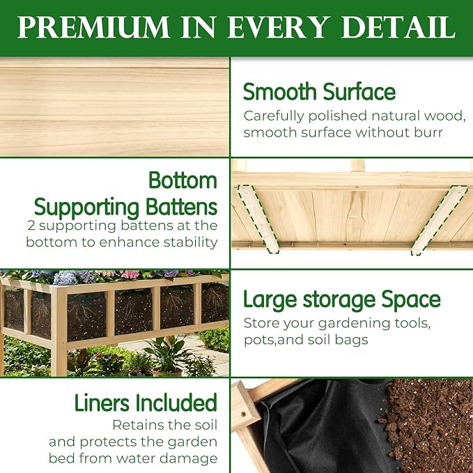 Raised Garden Bed with Legs Large-Capacity Wood Outdoor Elevated Reinforced Planter w/Bed Liner Durable Deep Raised Garden Bed for Gardening/Backyard/Patio/Balconyfor Herbs Flowers Vegetables