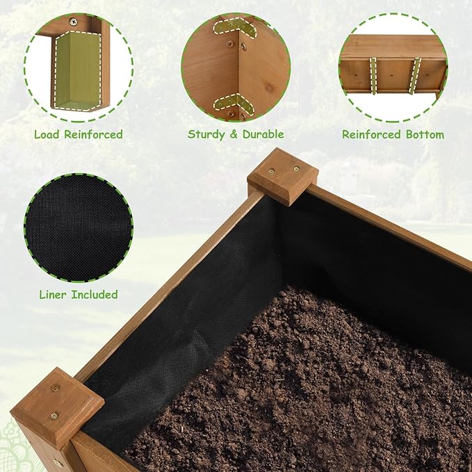 PetsCosset Raised Garden Bed Wooden Elevated Planter Box with Legs Protective Liner Reinforced for Vegetables Herbs Flowers for Outdoor Patio Backyard Balcony Gardening (33.46 X 17.9 X 29.72 inches)