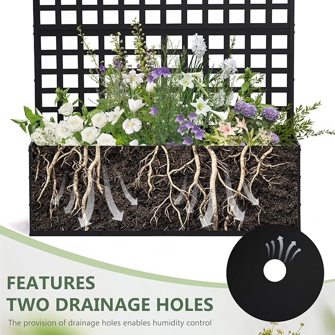 Metal Privacy Planter Box with Trellis Raised Garden Bed Privacy Screen with Drainage Holes Outdoor Metal Planter Box for Climbing Plants Patio &amp Garden 70 x 46 x 12 Black (2)