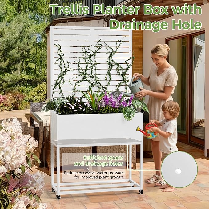 Raised Garden Bed with Trellis Metal Raised Planter Box with Trellis Privacy Planters for Patio Raised Garden Beds Outdoor Standing with Drainage Holes Wheels White