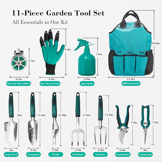 Garden Tool Set Gardening Gifts for Women Men Mom Dad 11-Piece Heavy-Duty Aluminum Hand Tools Set with Tote Bag Ergonomic Handles Rust-Proof Starter Garden Kits Gardening Essentials &amp Supp