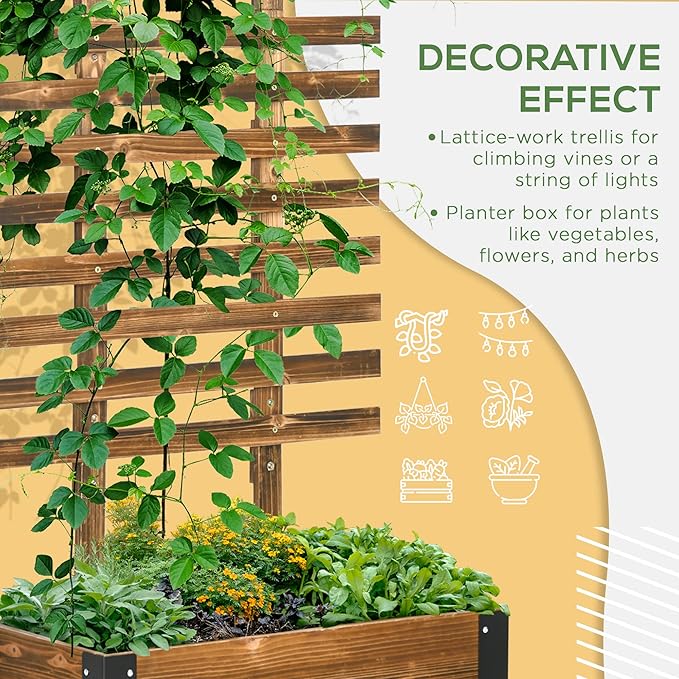 Raised Garden Bed with Trellis 58 Outdoor Wooden Planter Box with Wheels for Vine Plants Flowers Climbing and Planting Brown