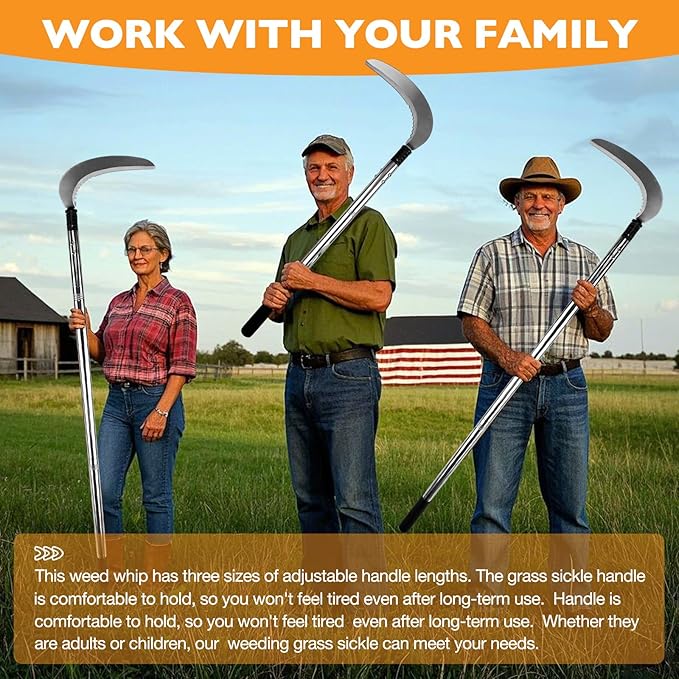 Sickle Garden Tool Set Long Handle Weeding Sickle with Serrated Double-Edged Blade Grass Sickle Stand Up Weeding Tool with 2 Pack Leaf Scoops 16 Gallon Lawn Bag with Gardening Gloves for Yard